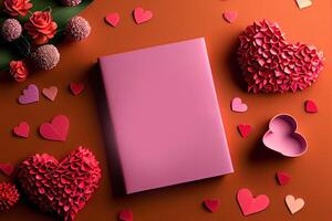 illustration of Valentine frame and banner. Red decoration. flat lay, romantic. Love and valentine day concept. Neural network generated art. Digitally generated image. photo