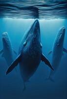 generativo ai ilustración de familia azul ballena debajo agua, Oceano foto