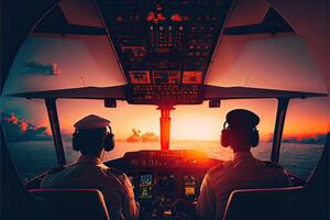 illustration of aircraft flight deck. The pilots at work. View from airplane cockpit photo