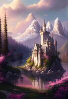 illustration of magical land of enchanted forests, castle, sparkling waterfalls and lush meadows, lake and fairy tail photo