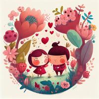 generativo ai ilustración de un adorable y entrañable dibujos animados personaje para San Valentín día, amar, corazones, flores, romance, feliz, alegre, alegre, divertido, juguetón, alegre, dulce foto