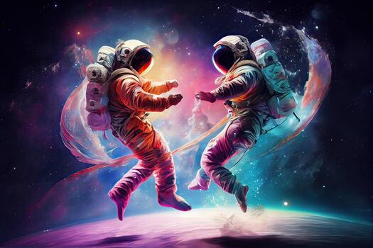 generativo ai ilustración de dos astronautas, vestido en trajes espaciales, son flotante en cero gravedad mientras bailando cercanamente. el antecedentes es un asombroso ver de el galaxia, con estrellas y nebulosas foto