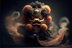 illustration of anthropomorphic traditional Chinese lion dance, big round eyes, plump body, Chinese Spring Festival, luminous particles, smoke photo