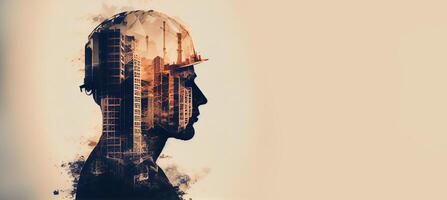 illustration of building construction engineering project devotion with double exposure design in head. Industrial and architecture. Neural network generated art. photo