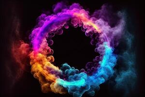 illustration of neon smoke exploding outwards with empty center. Dramatic smoke or fog effect for spooky, hot lighting ring circle photo