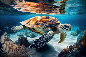 generativo ai ilustración de un mar Tortuga en cristal claro agua. increíble cristalino fondo del mar. arrecife lleno de vida foto