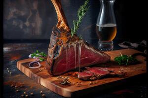 illustration of freshly grilled tomahawk steaks on wooden cutting board, superbly delicious tomahawk steak, barbecue photo