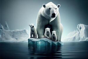 generativo ai ilustración de familia blanco oso en iceberg, Aurora cielo foto