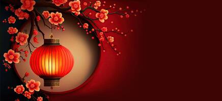 illustration of Chinese traditional red festival background with a chinese red plum blossom, lantern, spring festival, new year, chinese traditional culture element photo