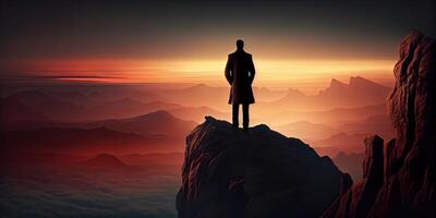 illustration of a lonely business man on top of the mountain photo