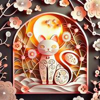 illustration of Paper cut craft, quilling multi dimensional Vietnamese style, cute zodiac kitty cat with lanterns in background, chinese new year. 3d paper illustration style. photo
