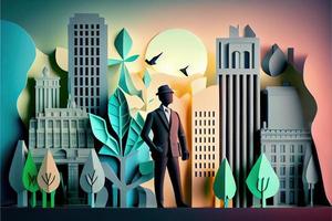 Business man in the city background, colorful. Business handshaking, successful concept. Paper cut craft, 3d paper illustration style. Neural network generated art. photo