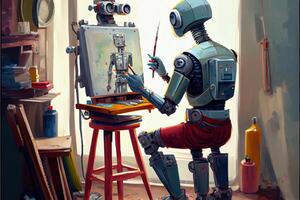 illustration of Cyborg Ai robot artist in dark studio next to his easel, painting and paints while working, neural network generated art. Digitally painting, generated image. photo