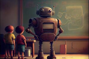 illustration of schools of future. Smart self automated robot in school, teaching in class photo