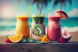 illustration of smoothies and juices made from a variety of fresh fruits from the tropics. Clean eating, a healthy diet, and vitamin infused beverages are concepts, blurred background photo