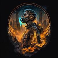 illustration of cyberpunk astronaut with a industrial smoke, mechanic detail on shoulders, pollution, centered inside intricate gold and fire circle of city and Skyscrapers photo