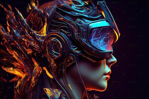 illustration of Metaverse concept and virtual world elements. Side view of human face in augmented or virtual reality headset inside the metaverse photo