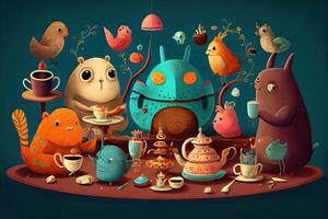 illustration of a whimsical tea party scene with a variety of talking animals and characters, in a colorful and playful style in wonderland photo