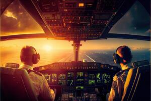 illustration of aircraft flight deck. The pilots at work. View from airplane cockpit photo