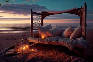 illustration of a romantic evening by the sea, featuring a cozy wooden bed adorned with candles and greetings, all illuminated by the warm glow of a beautiful sunset photo