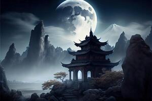 illustration of Fantasy background with mysterious ancient Chinese temple in mountains. Digital artwork. Chinese style. Gaming and art concept. photo