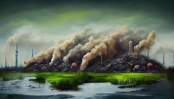 illustration of landscape with ecological disaster. Polluted earth and ocean photo