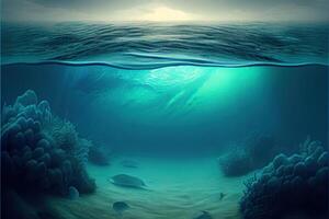 generativo ai ilustración de Oceano profundidad. submarino vacío paisaje, Oceano abajo, mar ola foto