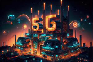 illustration of futuristic city at night, 5G internet network wireless systems and internet of things, smart city and communication network concept. photo