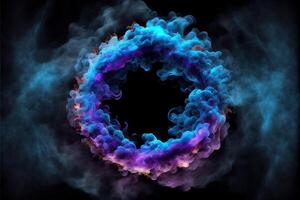 illustration of neon smoke exploding outwards with empty center. Dramatic smoke or fog effect for spooky, hot lighting ring circle photo