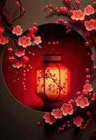 illustration of Chinese traditional red festival background with a chinese red plum blossom, lantern, spring festival, new year, chinese traditional culture element photo