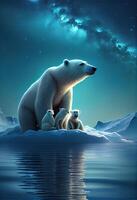 generativo ai ilustración de familia blanco oso en iceberg, Aurora cielo foto