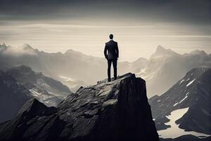 illustration of a lonely business man on top of the mountain photo