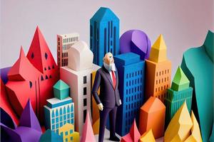 Business man in the city background, colorful. Business handshaking, successful concept. Paper cut craft, 3d paper illustration style. Neural network generated art. photo