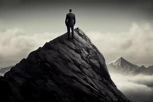 illustration of a lonely business man on top of the mountain photo