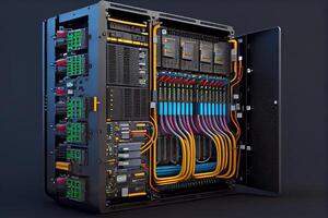 illustration of a platform for hosting contemporary Internet contents. Rack housing server data storage hardware. The equipment in the data center is connected by a lot of network cables photo