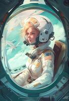 illustration of the girl is the captain of a spaceship, a white spacesuit, a dashboard, a huge porthole photo