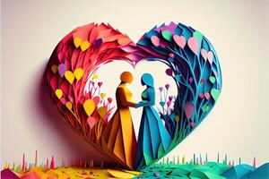 illustration of origami Valentine day background, happy couple, colorful. Paper cut craft, 3d paper style. Neural network generated art. Digitally generated image photo