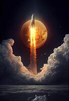 illustration of bitcoin to the moon, bit coin logo and spaceship photo