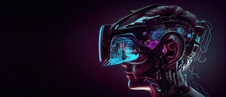 illustration of Metaverse concept and virtual world elements. Side view of human face in augmented or virtual reality headset inside the metaverse photo