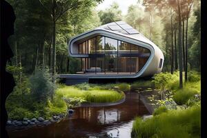 illustration of A prototype architectural design for a futuristic, eco-friendly home, with a sleek, modern design with a small stream running through the yard. photo