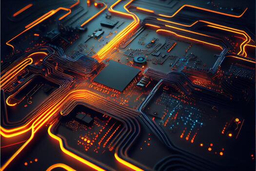 illustration of macro shot of circuit cyberspace board with computer motherboard component microchip with chip structure. Neural network generated art. photo