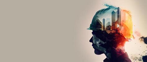 illustration of building construction engineering project devotion with double exposure design in head. Industrial and architecture. Neural network generated art. photo