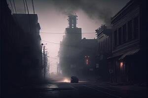 generativo ai ilustración de oscuro melancólico vacío calle con fumar, niebla tóxica foto