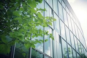 illustration of Gorgeous garden on the rooftop of a contemporary glass office building in Asia photo