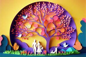 illustration of origami spring background, joyful elderly, happy family with parent, colorful. Paper cut craft, 3d paper illustration style, pop color. Neural network generated art. photo