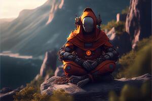 illustration of an advanced monk robot cyborg doing yoga on the mountain, zen lighting photo