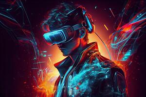 illustration of man with virtual reality VR goggle playing AR augmented reality game and entertainment, futuristic metaverse gameFi NFT game ideas photo