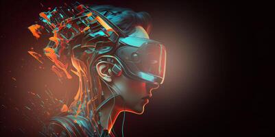 illustration of Metaverse concept and virtual world elements. Side view of human face in augmented or virtual reality headset inside the metaverse photo