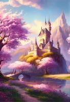 illustration of magical land of enchanted forests, castle, sparkling waterfalls and lush meadows, lake and fairy tail photo