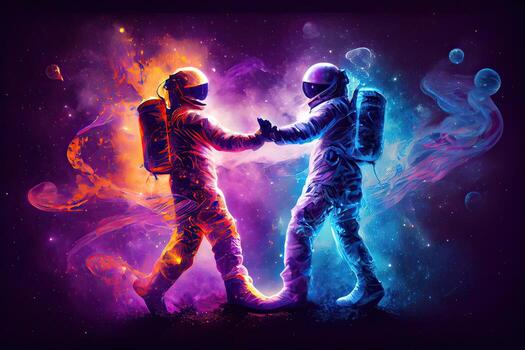 generativo ai ilustración de dos astronautas, vestido en trajes espaciales, son flotante en cero gravedad mientras bailando cercanamente. el antecedentes es un asombroso ver de el galaxia, con estrellas y nebulosas foto